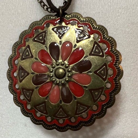 Brown Suede Cord & Chain Necklace Medallion Pendant gold tone enamel fall witchy - Picture 3 of 5